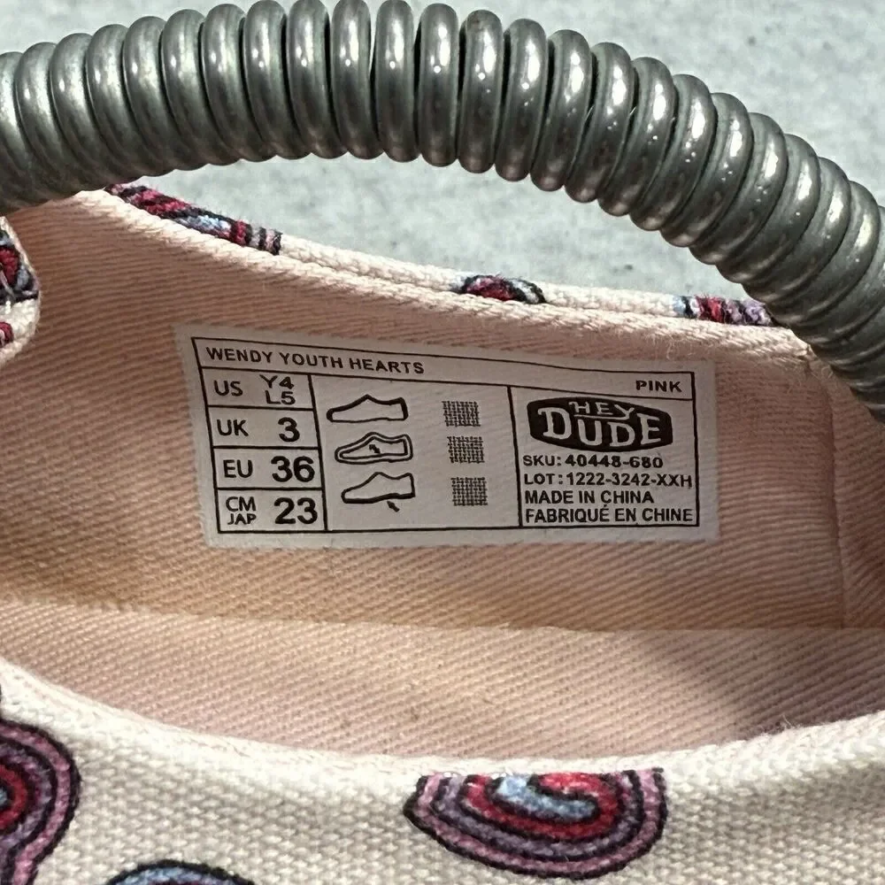 Hey Dude Shoes Youth 4 Wendy White Pink Slip On Heart Print Comfort Shoes New